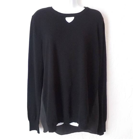 ONE A Women Large Black Top Knit Front Rayon Back Keyhole Long Sleeve Hi-LowHem - Picture 3 of 10